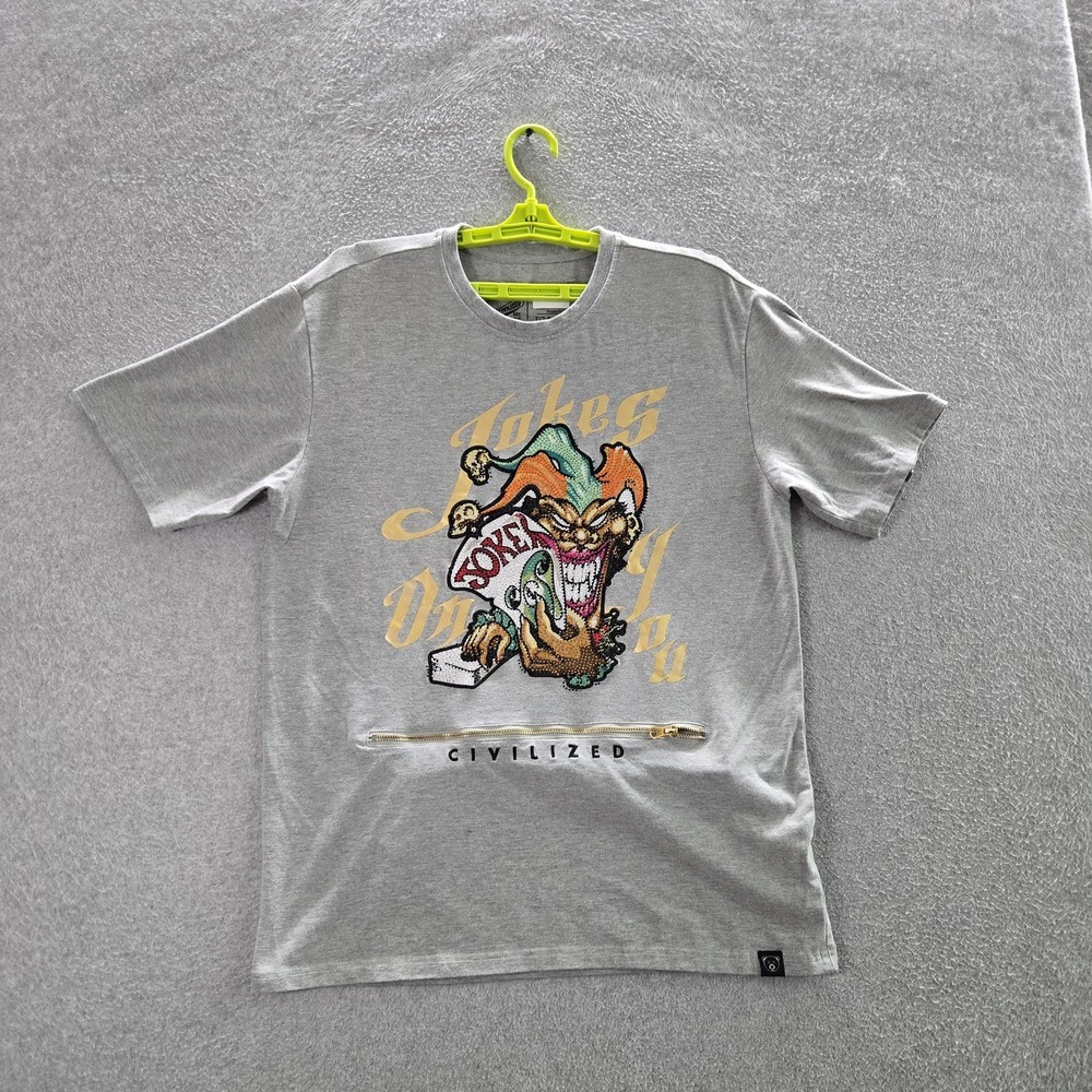 Civilized Men Shirt LARGE Gray Embroidered‎ Graphic Jester Tee Jokes On You